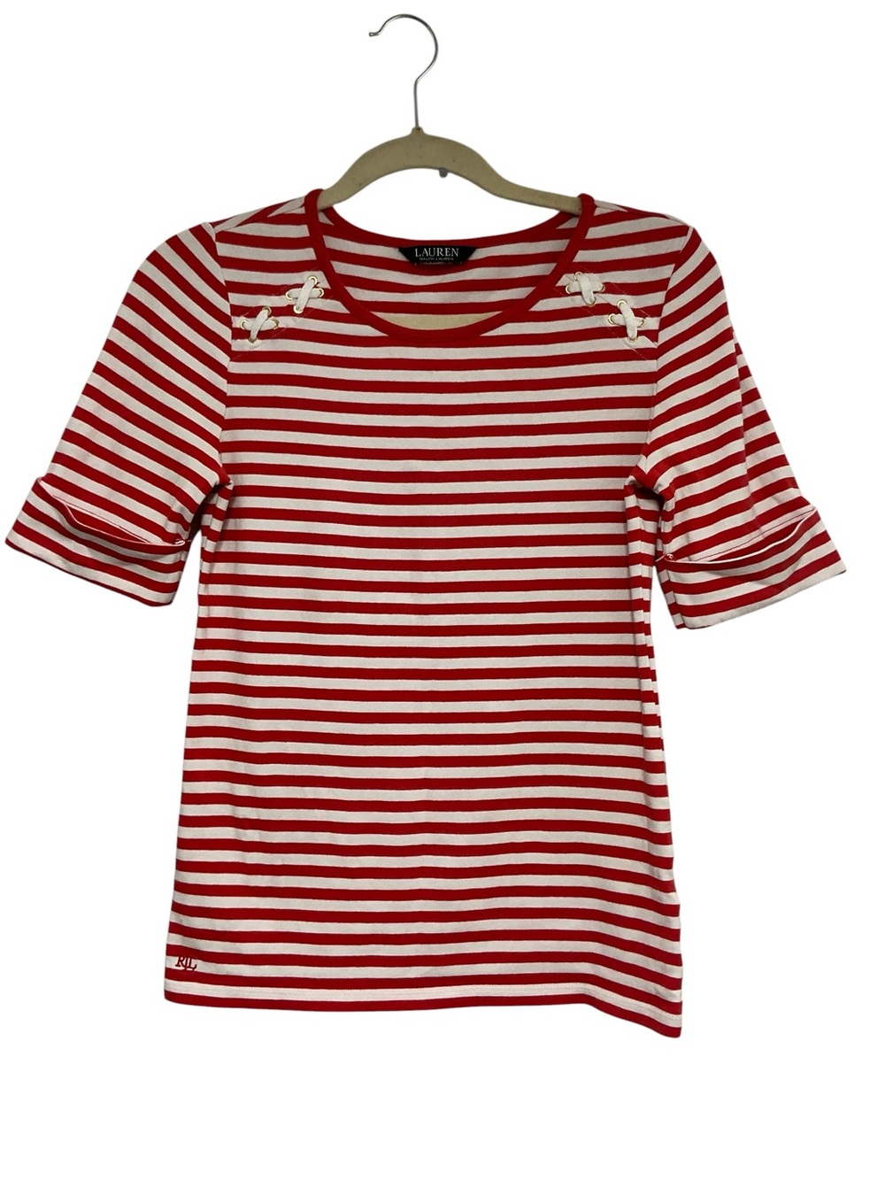 Lauren Ralph Lauren red and white striped lace-up grommet knit top